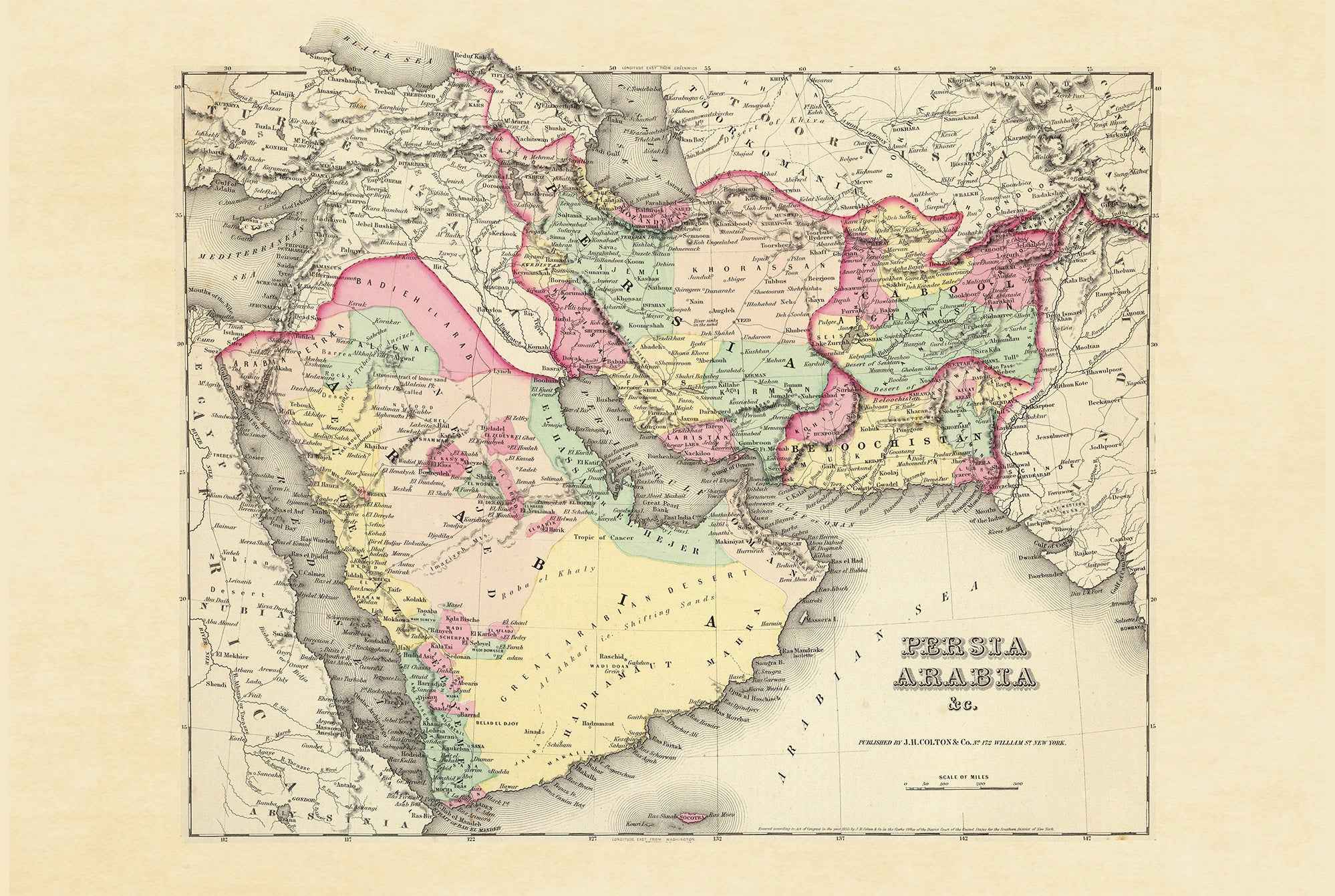 1856 Persia Arabia Map Poster - Hand-Colored Regions Including Iran, Arabia and Afghanistan - Strategy Maps